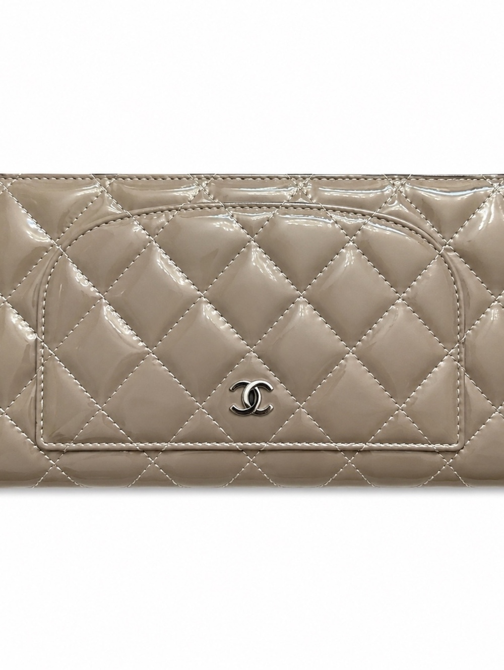 Chanel taupe quilted patent wallet